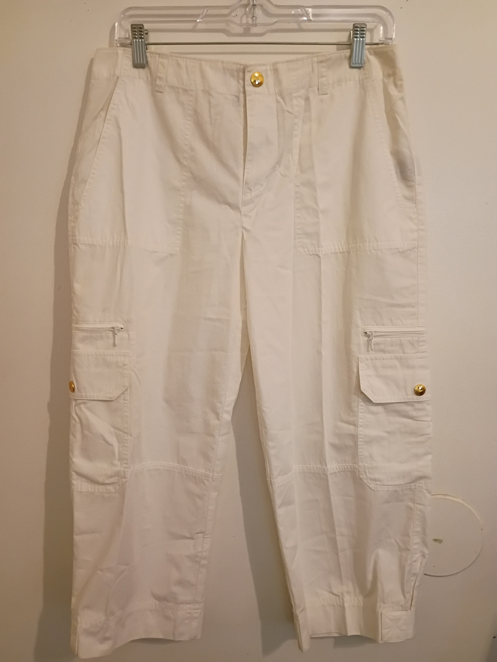 Ralph Lauren White Cargo Pants with‎ Gold Buttons 100% Cotton Sz 6